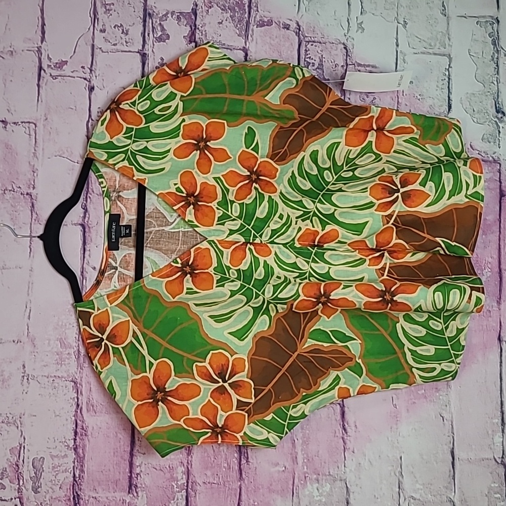 KAREN KANE MANGO TANGO DOLMAN SLEEVE LINEN BLEND TROPICAL HAWAIIAN PRINTED TOP